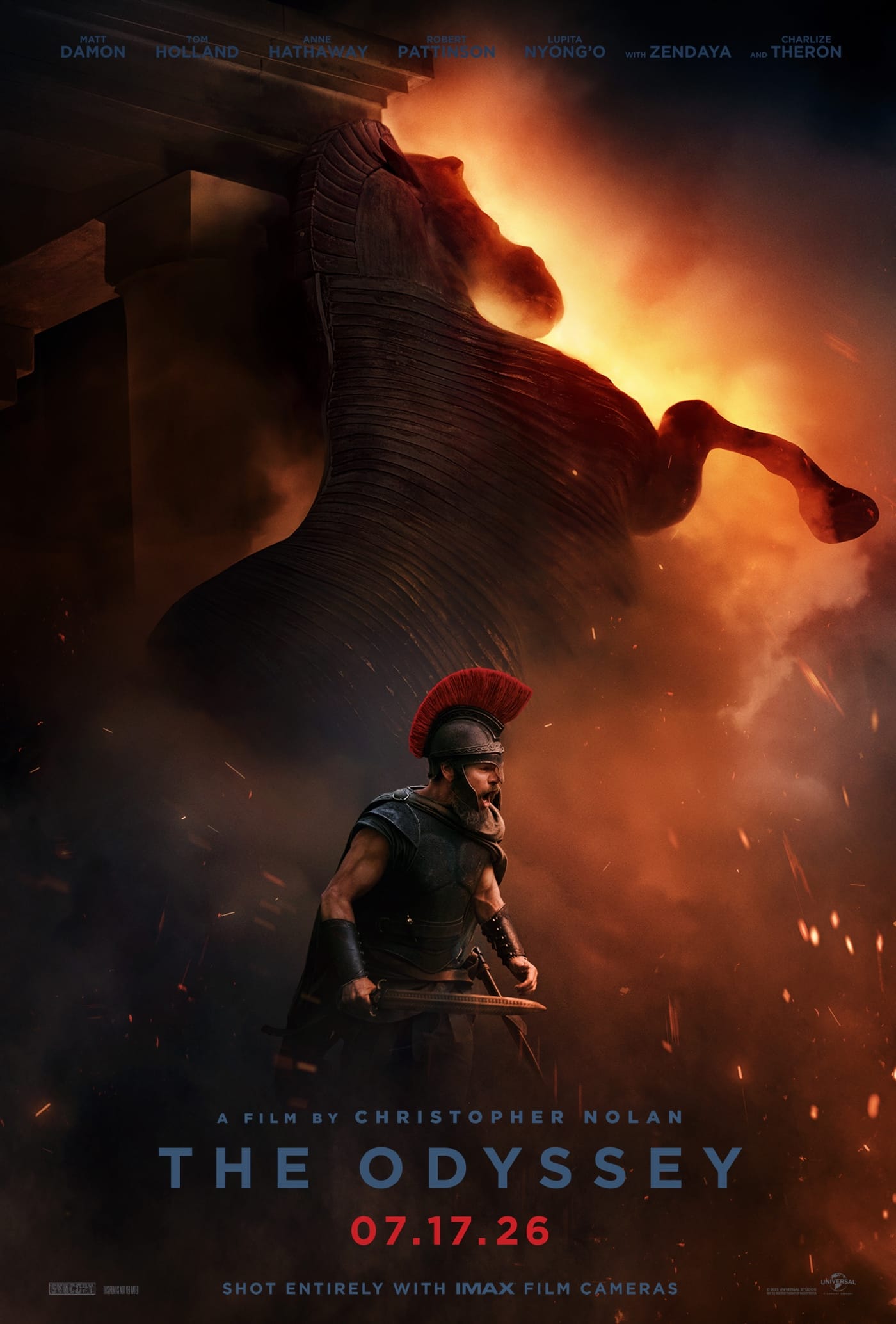 Poster for Christopher Nolan's The Odyssey featuring a burning wooden horse at troy